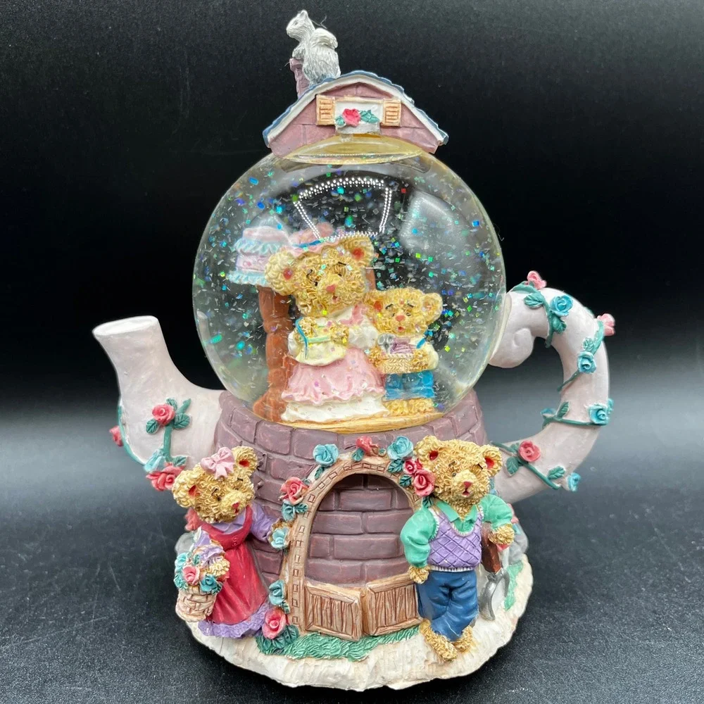 Vtg Resin Musical Teddy Bear Tea Party Teapot Snow Globe Music Box 6